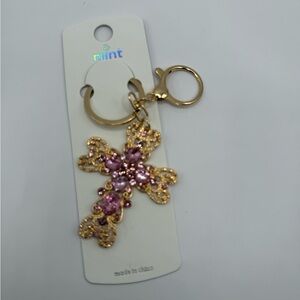 Mint Pink and Gold Cross Keychain